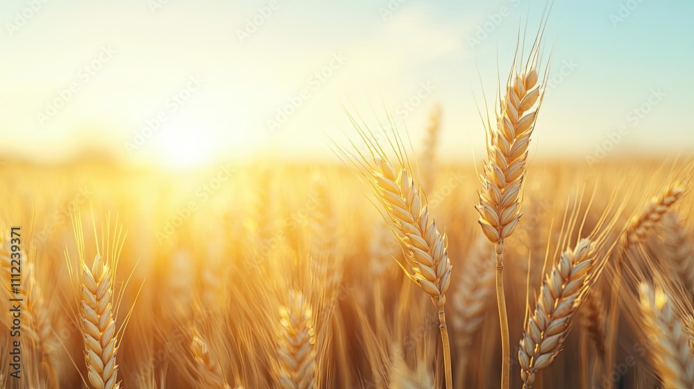 Fototapeta premium Golden wheat field glowing under sunrise sky, natural beauty, organic farming, harvest season.