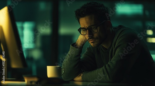 Focused man in glasses working late at a desk with a cup of coffee dimly lit office background with neutral colors minimalist style