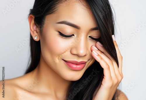 Multiethnic young woman touching her clean and healthy face against background