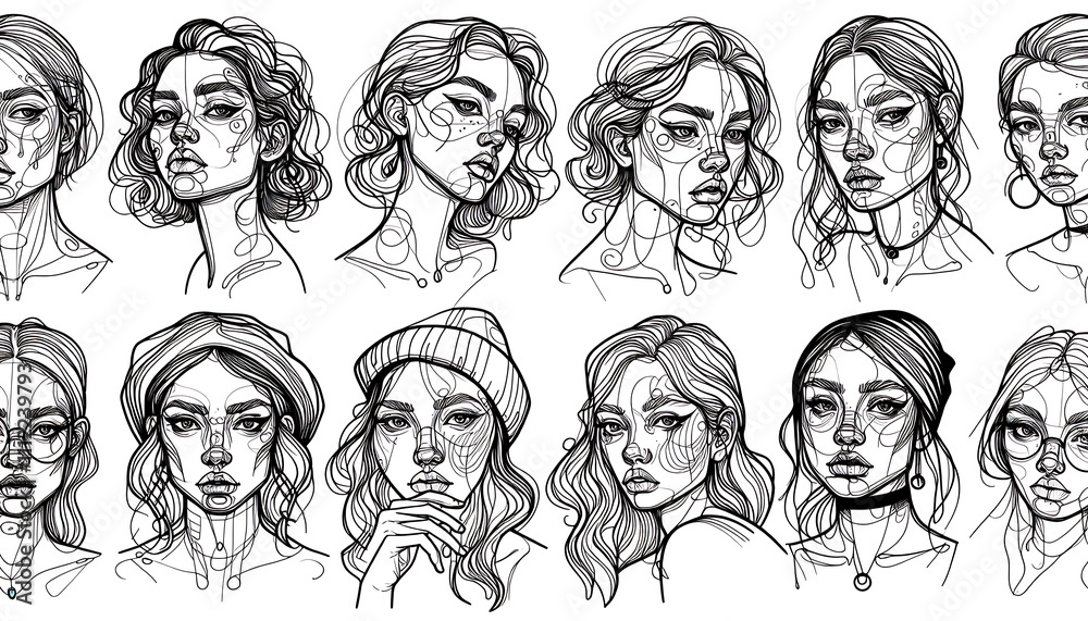 Artistic Line Drawings of Various Hairstyles Artistic Line Drawings of Various Hairstyles