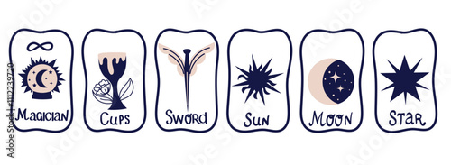Vector Tarot Cards Deck. Vector illustration of cartoon Tarot cards deck, Magic, Swords, Sun, Moon, Star, Cup