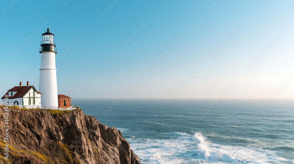 Pacific Ocean. A stunning lighthouse stands tall on a rocky cliff, overlooking the vast ocean under a clear blue sky, creating a picturesque coastal scene. Pacific Ocean. A stunning lighthouse stands tall on a rocky cliff, overlooking the vast ocean under a clear blue sky, creating a picturesque coastal scene.