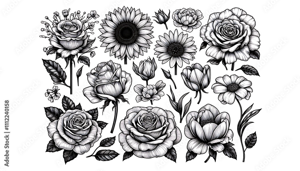 Detailed Botanical Art: Roses and Sunflowers in Black and White Detailed Botanical Art: Roses and Sunflowers in Black and White