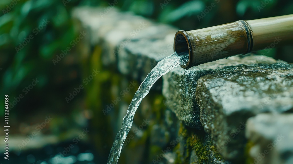 Serene Bamboo Fountain Tranquil Water Flowing from Stone Serene Bamboo Fountain Tranquil Water Flowing from Stone