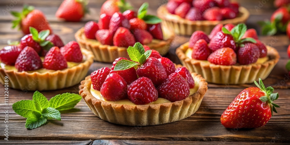Delightful Strawberry and Raspberry Tartlets on a Rustic Wooden Table, Perfect for Summer Gatherings and Dessert Lovers, Showcasing Fresh Ingredients and Vibrant Colors Delightful Strawberry and Raspberry Tartlets on a Rustic Wooden Table, Perfect for Summer Gatherings and Dessert Lovers, Showcasing Fresh Ingredients and Vibrant Colors