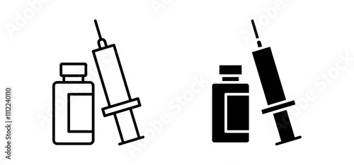Vaccine vial icons in black filled and outlined style