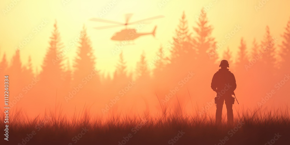 A silhouette of a person watching a helicopter against a sunset in a forest landscape. A silhouette of a person watching a helicopter against a sunset in a forest landscape.