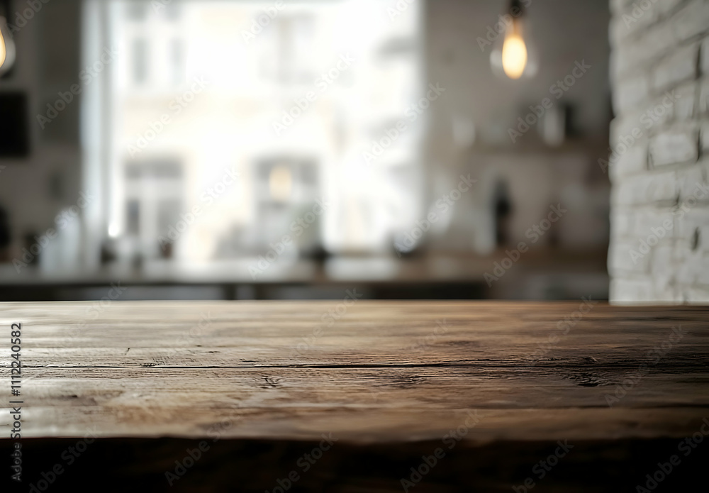 Blurred background of a kitchen interior with a wooden countertop and white brick wall, close-up. Blurred background of a kitchen interior with a wooden countertop and white brick wall, close-up.