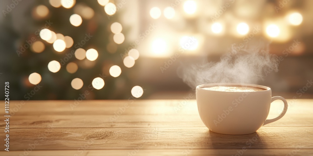 A steaming cup of coffee on a wooden table with a festive background. A steaming cup of coffee on a wooden table with a festive background.