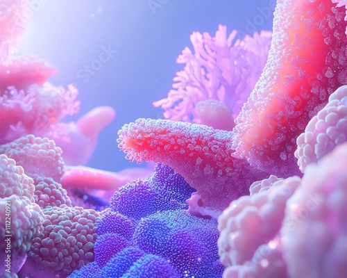 Abstract underwater scene with vibrant pink and purple coral formations.  Dreamlike, ethereal texture. Ideal for backgrounds, design, and fantasy themes. photo