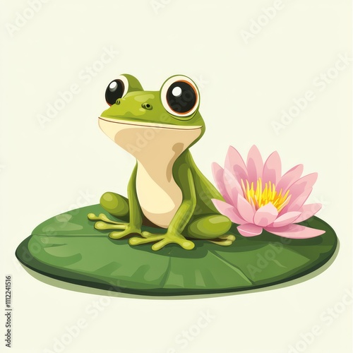 Cute green frog sitting on a lily pad with a pink water lily. photo