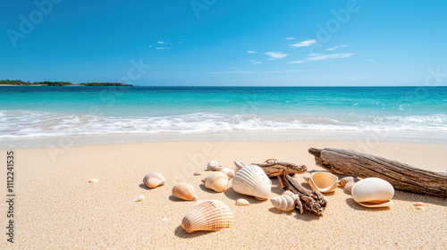 Pacific Ocean. A serene beach scene with shells scattered on golden sand, gentle waves lapping at the shore under a clear blue sky.