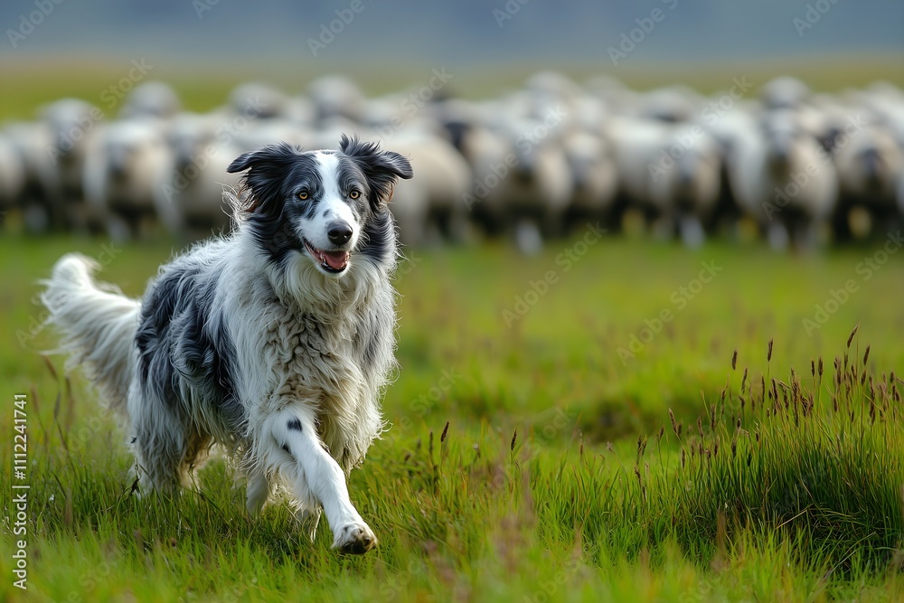 Border collie herding sheep in lush green field under a calm sky in late afternoon light Border collie herding sheep in lush green field under a calm sky in late afternoon light