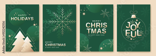 Christmas greeting cards with golden snowflakes, christmas trees, and ornaments. Modern templates. Vector illustration