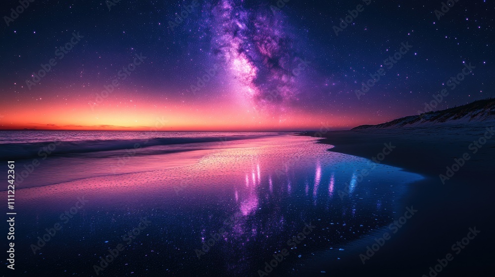 Fototapeta premium Vibrant sunset over ocean beach reflecting starry night sky, Milky Way galaxy visible.