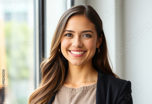 a portrait of a young woman with long brunette hair.