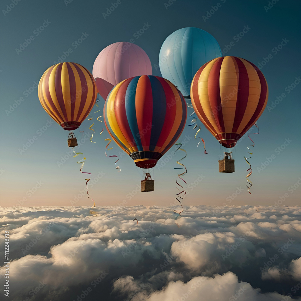 Fototapeta premium Colorful Ascent: Balloons Dancing in a Smoky Sky Where Dreams Take Flight Amidst the Haze