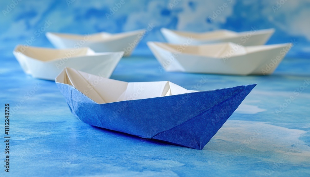 Beautifully Crafted Paper Boats Floating on a Blue Background, Capturing the Essence of Creativity and Imagination in a Calm Atmosphere Beautifully Crafted Paper Boats Floating on a Blue Background, Capturing the Essence of Creativity and Imagination in a Calm Atmosphere
