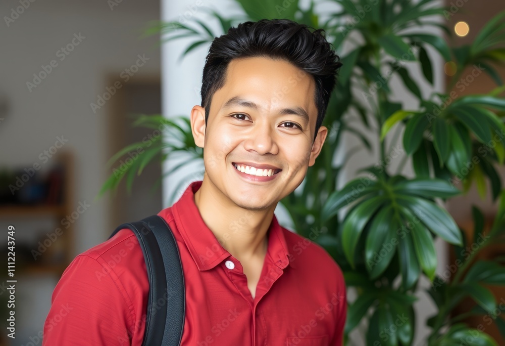 Smiling young asian man in red shirt Smiling young asian man in red shirt