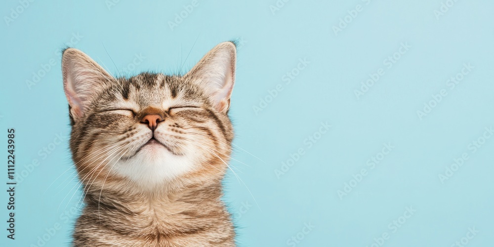 Obraz premium Happy kitten with closed eyes against a light blue background, radiating cuteness.