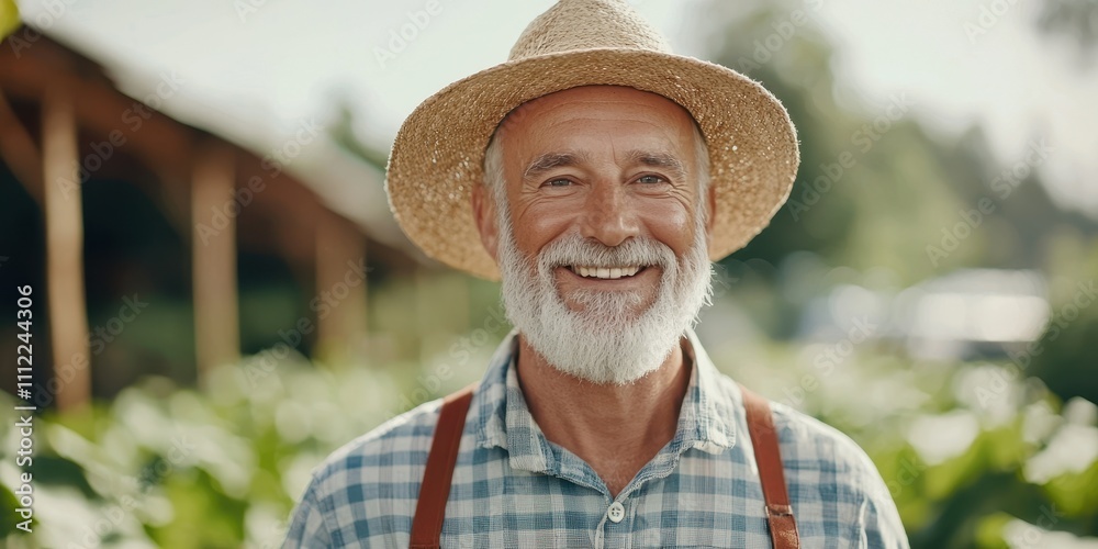 Fototapeta premium Smiling farmer wearing a straw hat in a lush green field during sunny day.
