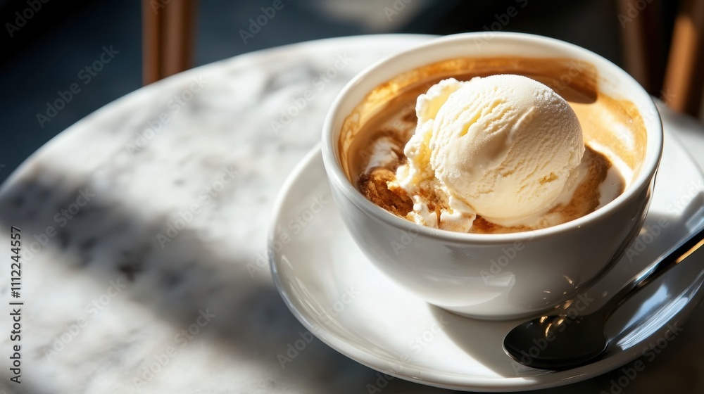 Indulge in a Warm Dessert Experience with a Bowl of Creamy Ice Cream Melting atop a Rich Coffee on a Sunlit Marble Table Indulge in a Warm Dessert Experience with a Bowl of Creamy Ice Cream Melting atop a Rich Coffee on a Sunlit Marble Table