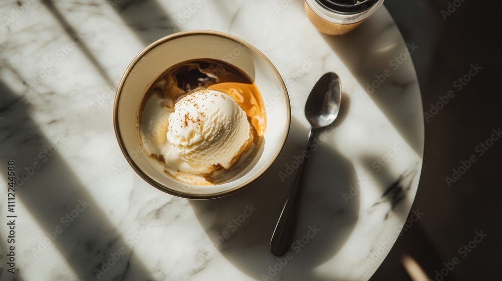 Creamy Vanilla Ice Cream Served on Smooth Marble Table with Rich Caramel Sauce and Soft Shadows Creating a Cozy and Inviting Dessert Scene for Food Lovers Creamy Vanilla Ice Cream Served on Smooth Marble Table with Rich Caramel Sauce and Soft Shadows Creating a Cozy and Inviting Dessert Scene for Food Lovers
