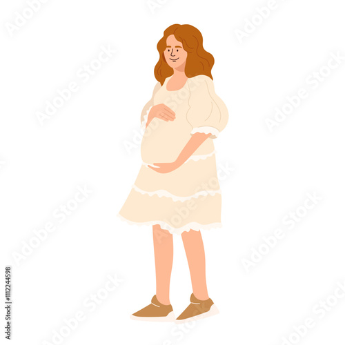 Smiling pregnant woman stroking her baby bump, eagerly awaiting birth of long-awaited child. Concept of healthy pregnancy and motherhood. Happy young mother with pregnancy belly. Vector illustration