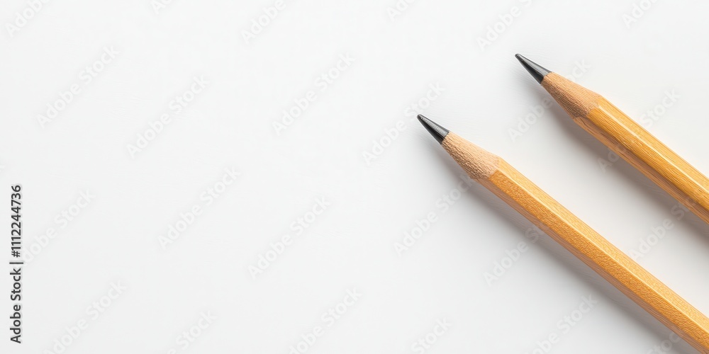 Two yellow pencils on a blank white background for drawing or writing. Two yellow pencils on a blank white background for drawing or writing.