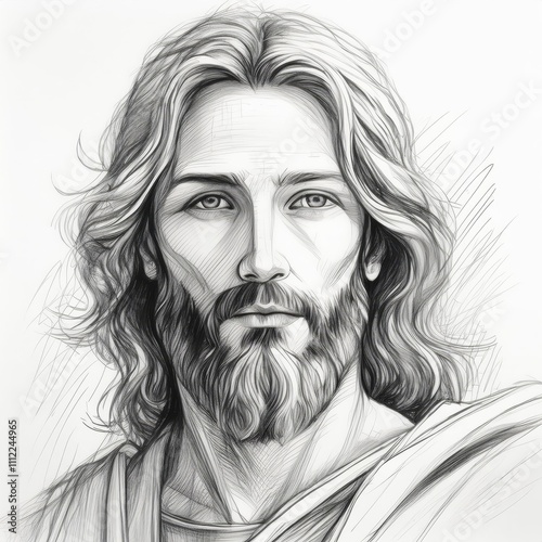 Jesus Christ as Pencil sketch with a beard and long hair on white background