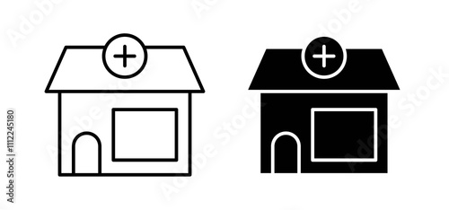 Pharmacy icons in black filled and outlined style