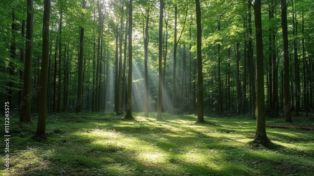 Naklejka premium Serene Sunlight in Lush Forest