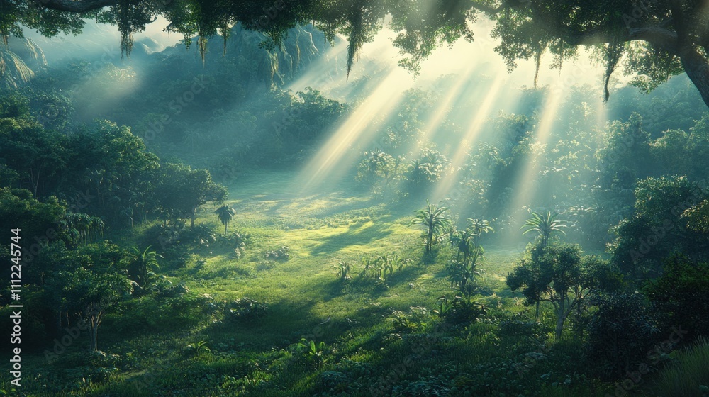 Serene Jungle with Sunbeams at Dawn Serene Jungle with Sunbeams at Dawn