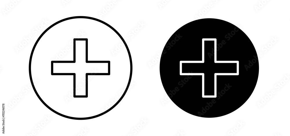 Plus icons in black filled and outlined style Plus icons in black filled and outlined style