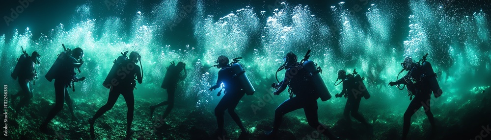 Side view of deep-sea adventurers in eco-friendly outfits, surrounded by bioluminescent creatures, illuminating the dark ocean Side view of deep-sea adventurers in eco-friendly outfits, surrounded by bioluminescent creatures, illuminating the dark ocean
