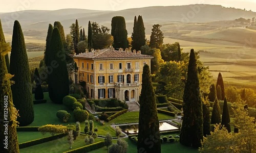 Scenic Italian villa nestled in a Tuscan landscape during the golden hour.