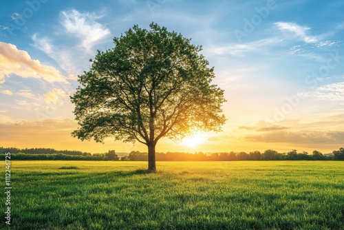 Lone tree rises majestically in the open field as the sun sets, casting warm hues across the sky and creating a serene atmosphere. Generative AI