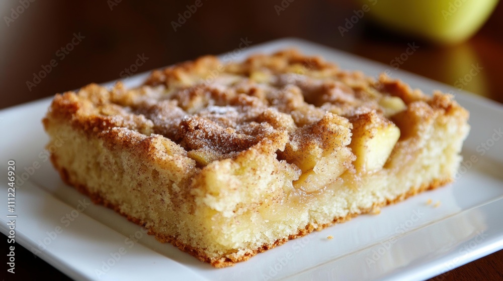 Delightful Apple Crumble Cake Slice Served on White Plate with Warm Tones and Soft Focus, Perfect for Autumn Desserts or Cozy Gatherings Delightful Apple Crumble Cake Slice Served on White Plate with Warm Tones and Soft Focus, Perfect for Autumn Desserts or Cozy Gatherings
