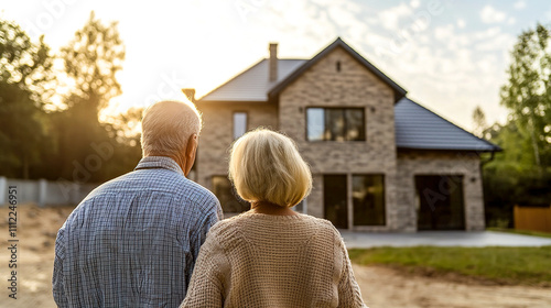 Senior couple standing looking on their house. Elderly man and woman hugging. Mortgage loan, retirement home concept