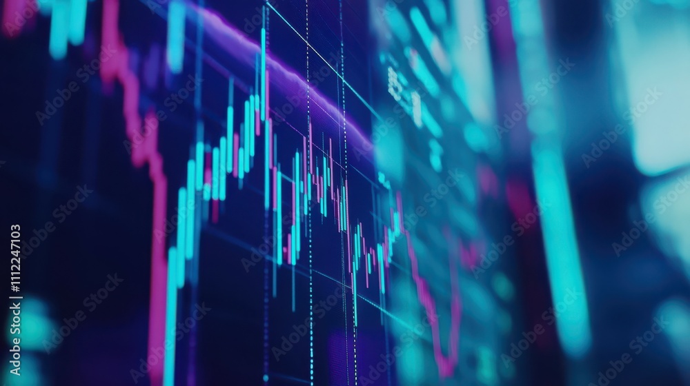 Macro close-up of a stock market investment trading chart displayed in blue, analyzing data with candlestick graphs Macro close-up of a stock market investment trading chart displayed in blue, analyzing data with candlestick graphs