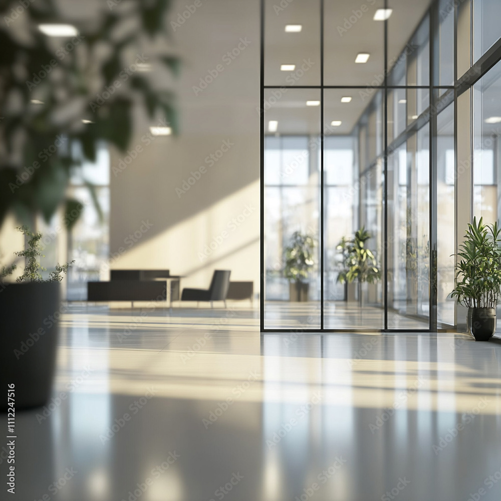 Fototapeta premium Hermoso fondo borroso de un interior de oficina moderno y luminoso con ventanas panorámicas e iluminación suave