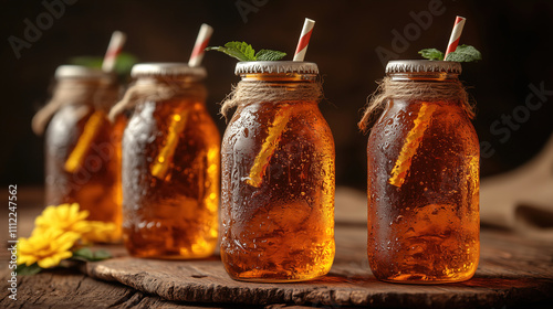 Refreshing iced drinks in glass jars with mint and citrus on a rustic wooden surface. Generative AI