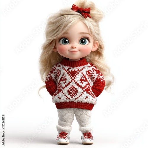 A cute doll with long blonde hair, wearing a cozy red and white sweater, festive pants, and a bow, perfect for winter-themed decor.