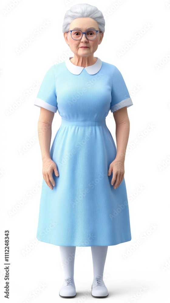 A CGI representation of an elderly woman in a blue dress, glasses, and white shoes, exuding a friendly and approachable demeanor. A CGI representation of an elderly woman in a blue dress, glasses, and white shoes, exuding a friendly and approachable demeanor.
