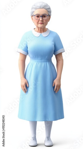 A CGI representation of an elderly woman in a blue dress, glasses, and white shoes, exuding a friendly and approachable demeanor.