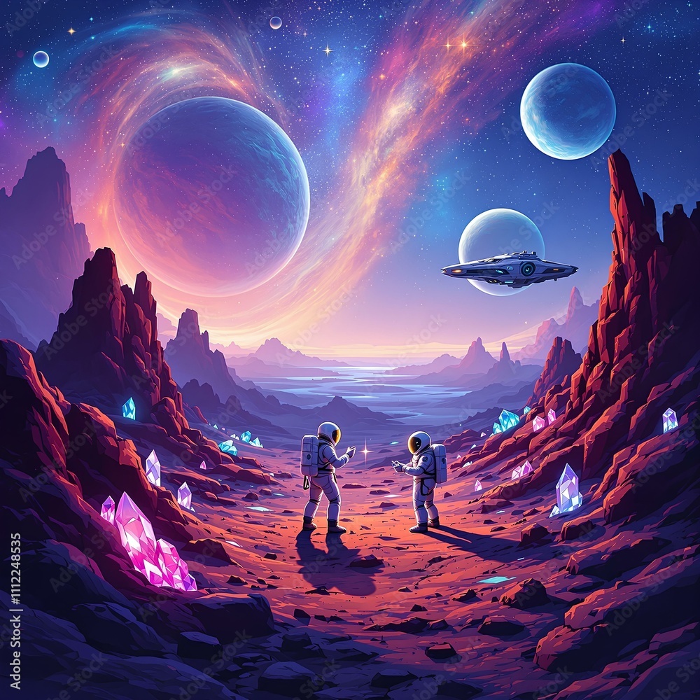 Fototapeta premium Illustration of the people in an unknown planet mining diamonds wearing the space suit.