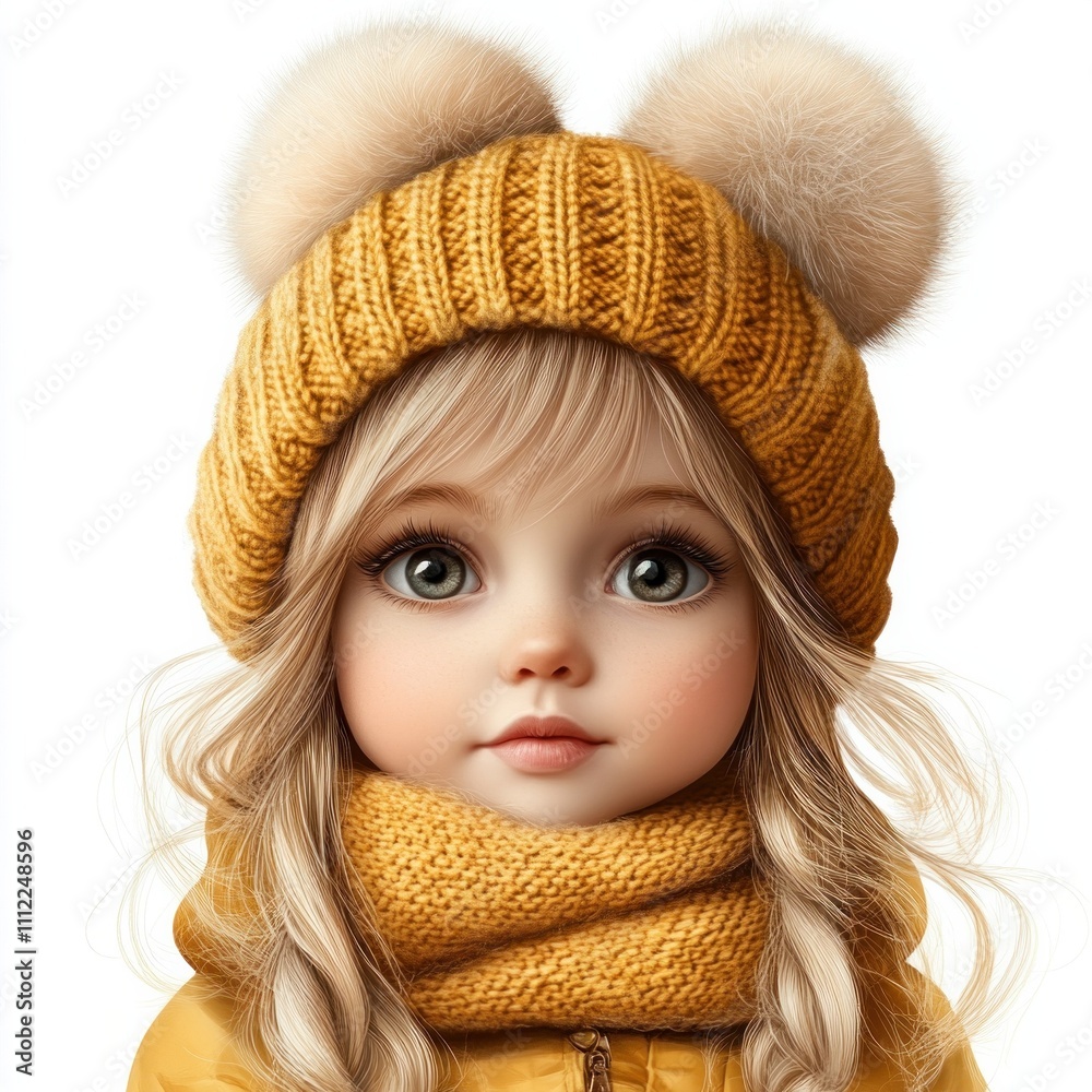 A charming doll with long blonde hair, wearing a cozy yellow knit hat and scarf, featuring fluffy pom-poms, exuding warmth and cuteness. A charming doll with long blonde hair, wearing a cozy yellow knit hat and scarf, featuring fluffy pom-poms, exuding warmth and cuteness.