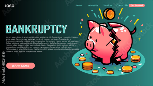 Piggy bank, vector art, simple, minimalist, vibrant color, isometric, broken, coin, bankruptcy