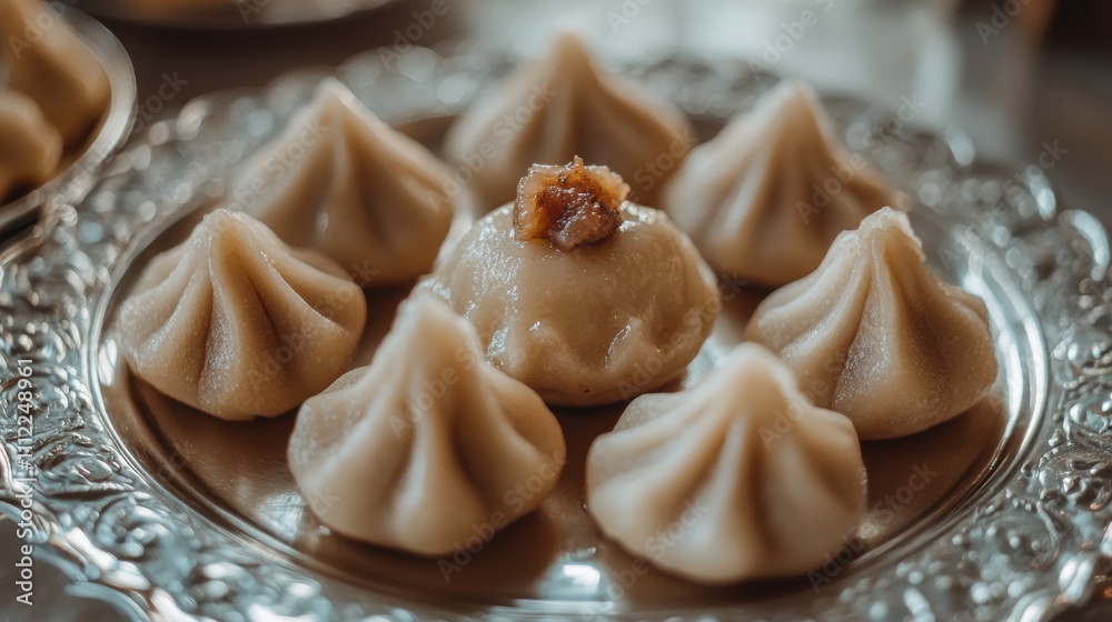 Traditional Asian dumplings arranged on a decorative silver platter, showcasing intricate folds and a central piece garnished with a sweet topping, ideal for culinary photography Traditional Asian dumplings arranged on a decorative silver platter, showcasing intricate folds and a central piece garnished with a sweet topping, ideal for culinary photography