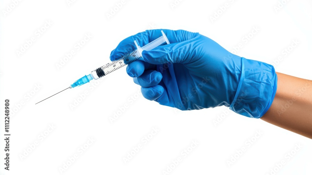 Medical syringe in hand with latex blue glove with liquid for injection isolated on white background Medical syringe in hand with latex blue glove with liquid for injection isolated on white background